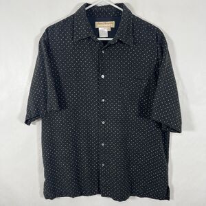 Norm Thompson Short Sleeve Button Up 100% Silk Shirt Large Black Geometric VTG